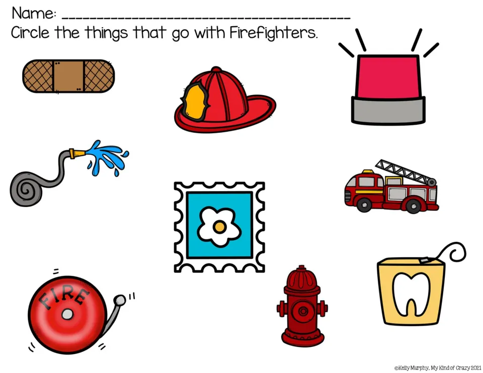 Equipment identification worksheet asks students to circle things that go with firefighters among nine pictures