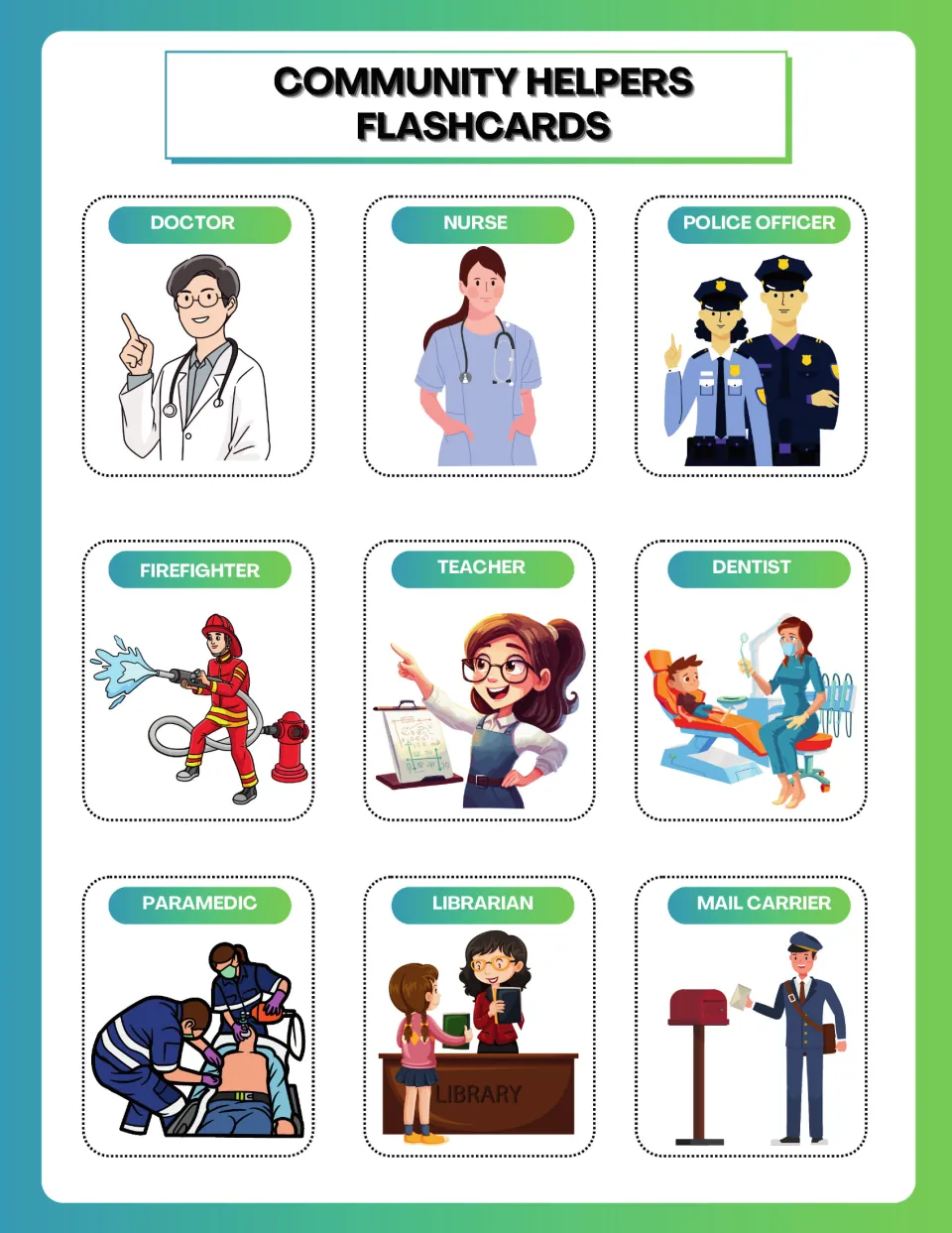 Occupation flashcards 1–9: doctor, nurse, police officer and six more community helpers, pictured and labeled