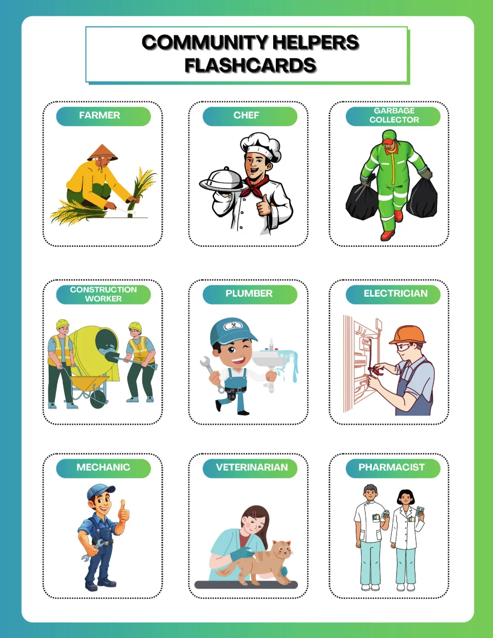 Occupation flashcards 10–18: farmer, chef, garbage collector and six more community helpers, pictured and labeled
