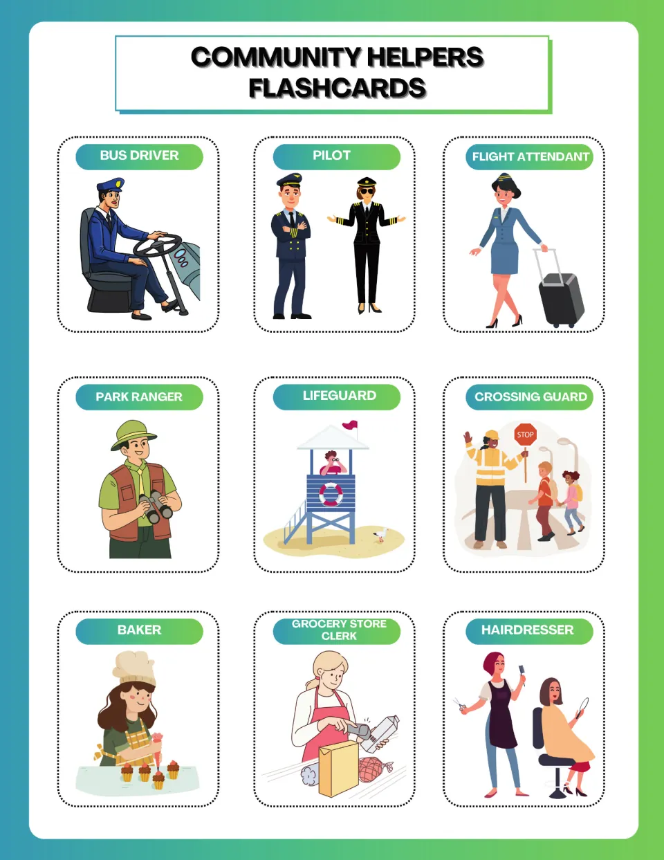 Occupation flashcards 19–27: bus driver, pilot, flight attendant and six more helpers, pictured and labeled