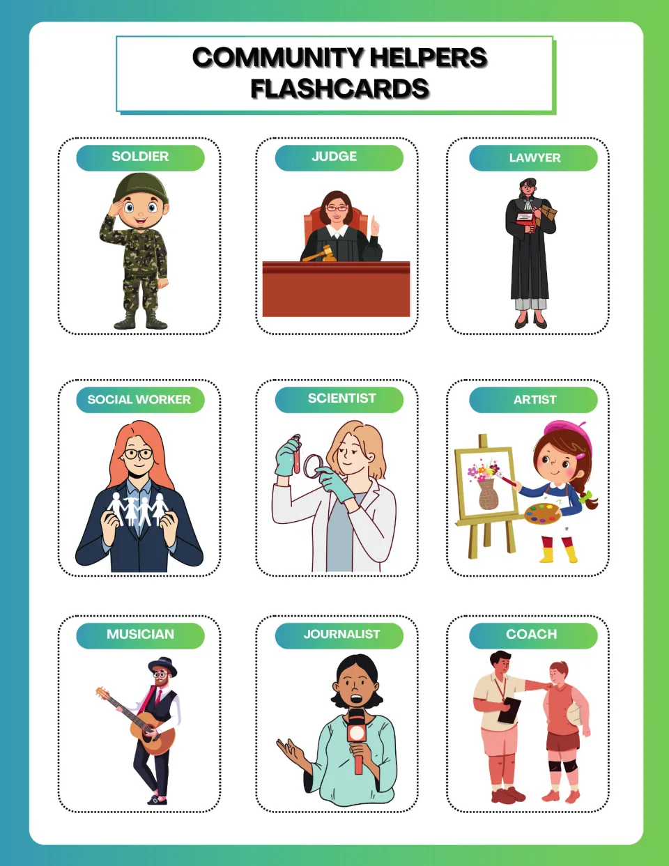Occupation flashcards 28–36: soldier, judge, lawyer and six more community helpers, pictured and labeled