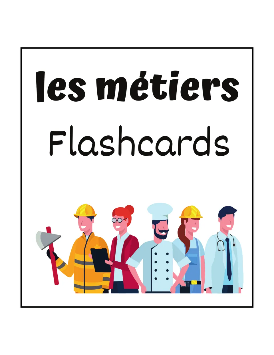Les métiers flashcards cover: a French jobs vocabulary set, shown with a firefighter, chef, builder and doctor