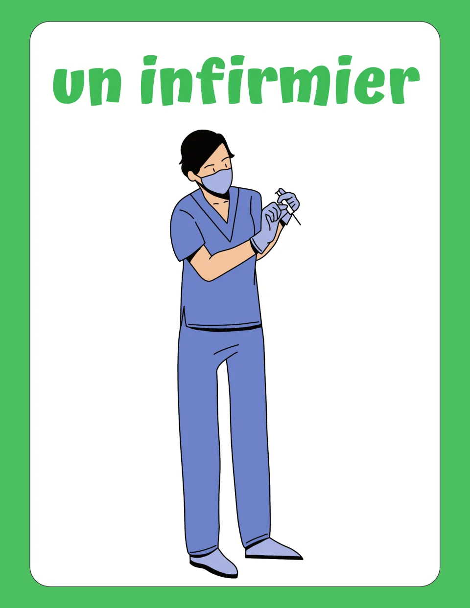 un infirmier flashcard: French word for nurse, shown by a nurse in blue scrubs, a mask and gloves holding a syringe