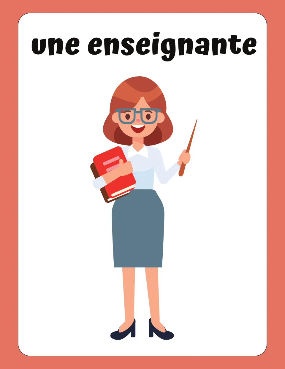 une enseignante flashcard: French word for a female teacher, shown by a teacher holding books and a pointer
