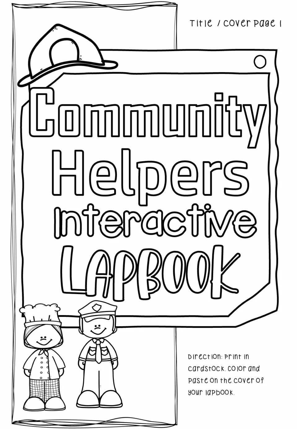 Lapbook title piece: students color the Community Helpers Interactive Lapbook label with a chef and police officer