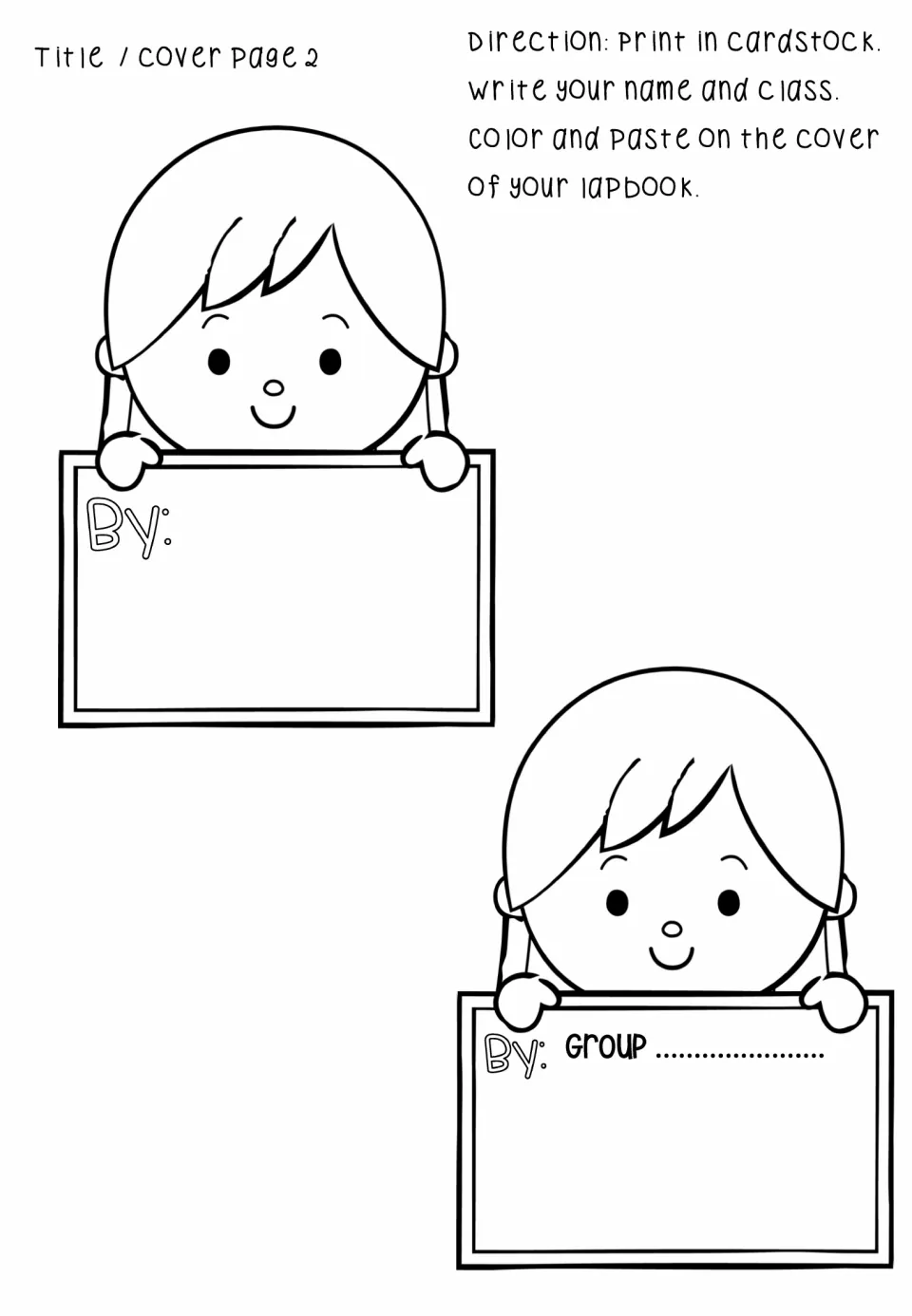 Name labels for the lapbook cover: two children hold signs where students write their name, class or group number