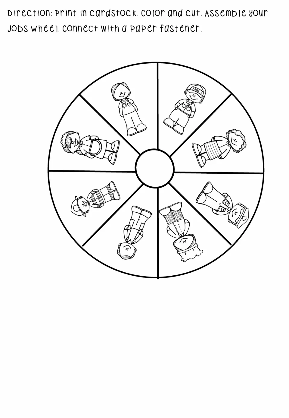Jobs wheel picture layer: eight community workers, such as a doctor, mail carrier and chef, to match the job names