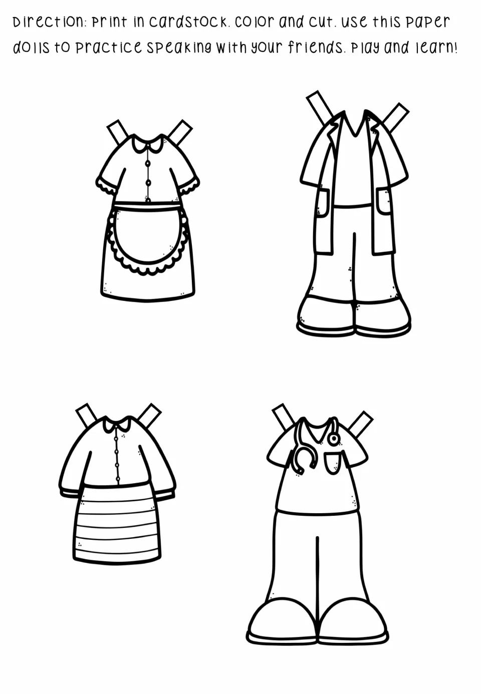 Paper doll clothes: a maid's apron dress, a lab coat, a striped dress and scrubs with a stethoscope to cut out