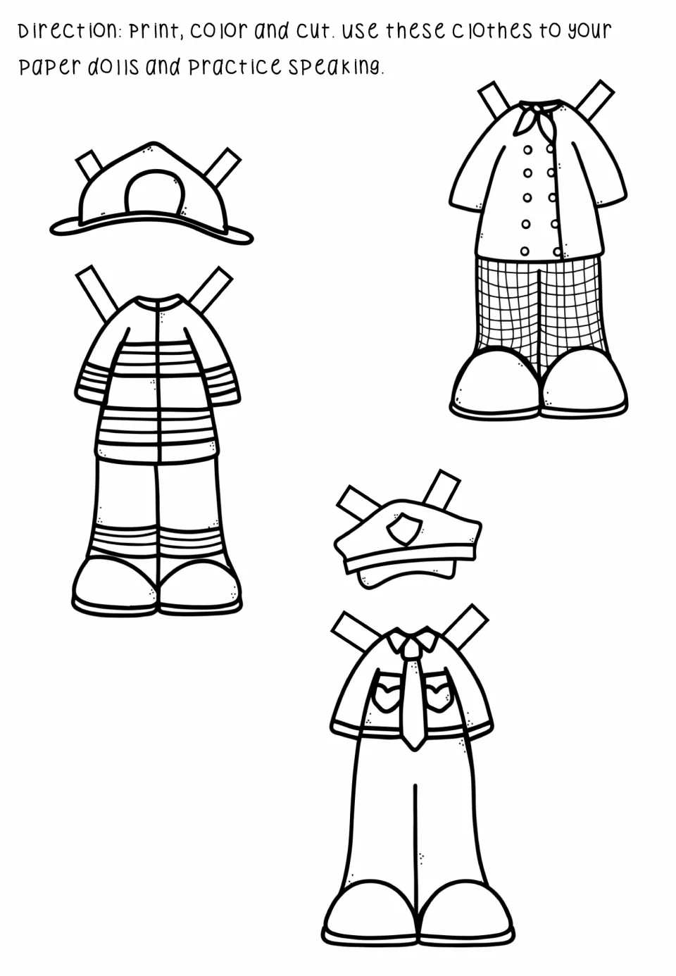 More doll outfits: firefighter hat and gear, chef jacket with checked pants, and police cap and uniform to cut out