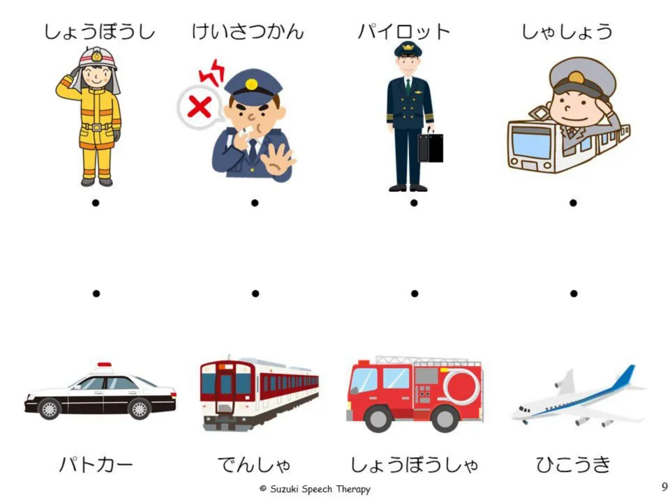 Japanese vehicle matching activity pairs firefighter, police officer, pilot, and train conductor with vehicles