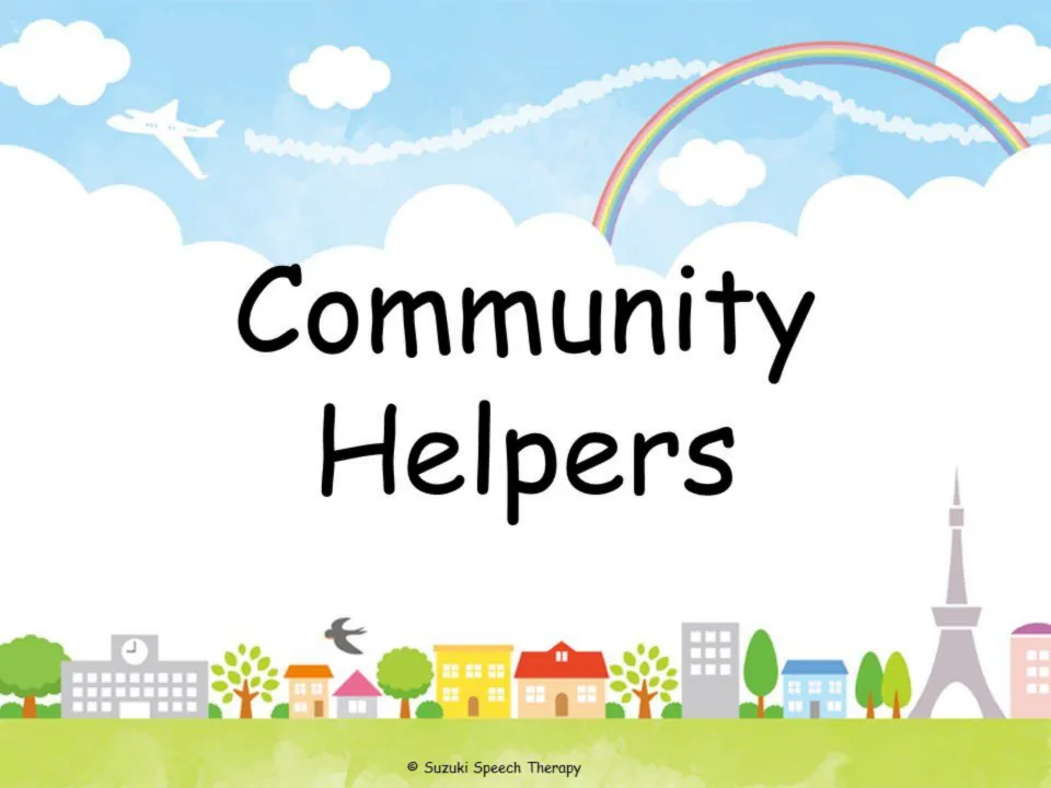 Community Helpers cover from Suzuki Speech Therapy: title over a sunny town skyline with a rainbow, plane and houses