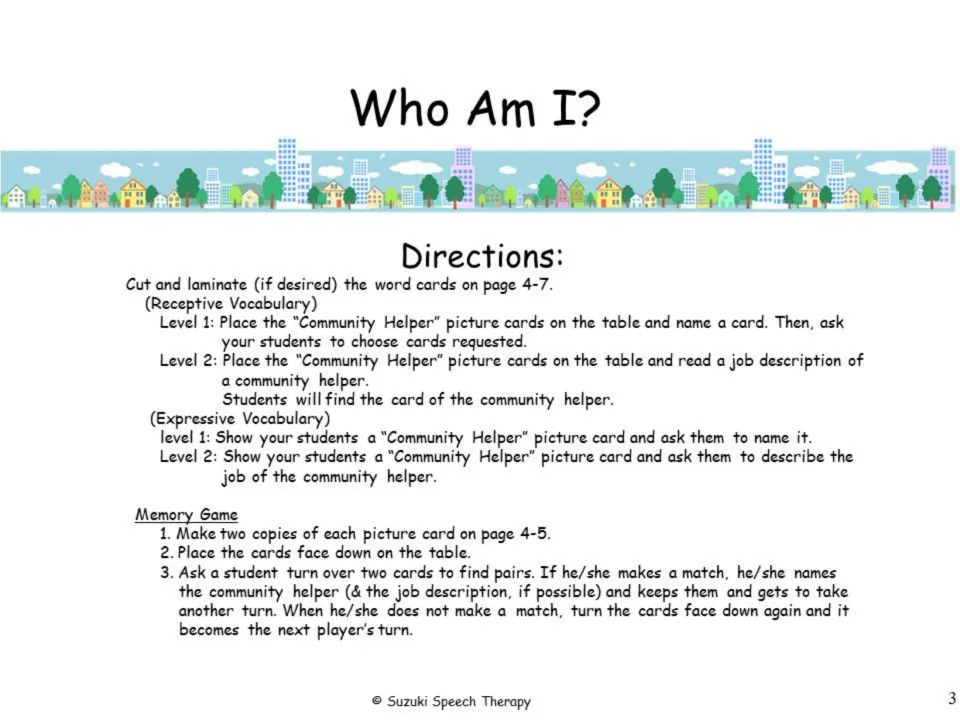 Who Am I? directions: receptive and expressive vocabulary levels with helper picture cards, plus a memory matching game