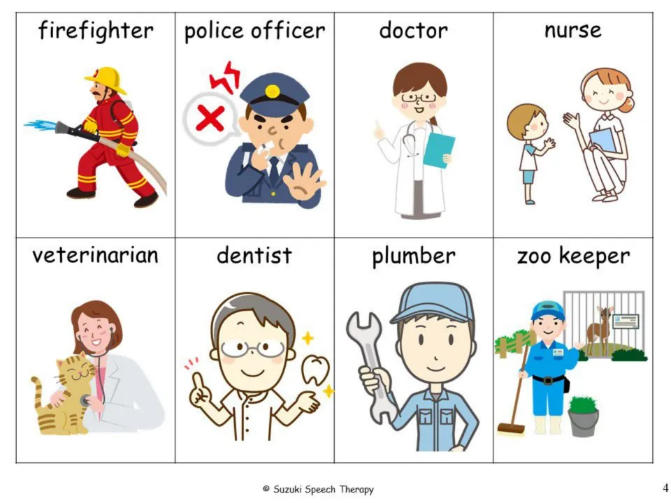 Picture cards naming firefighter, police officer, doctor, nurse, veterinarian, dentist, plumber and zoo keeper