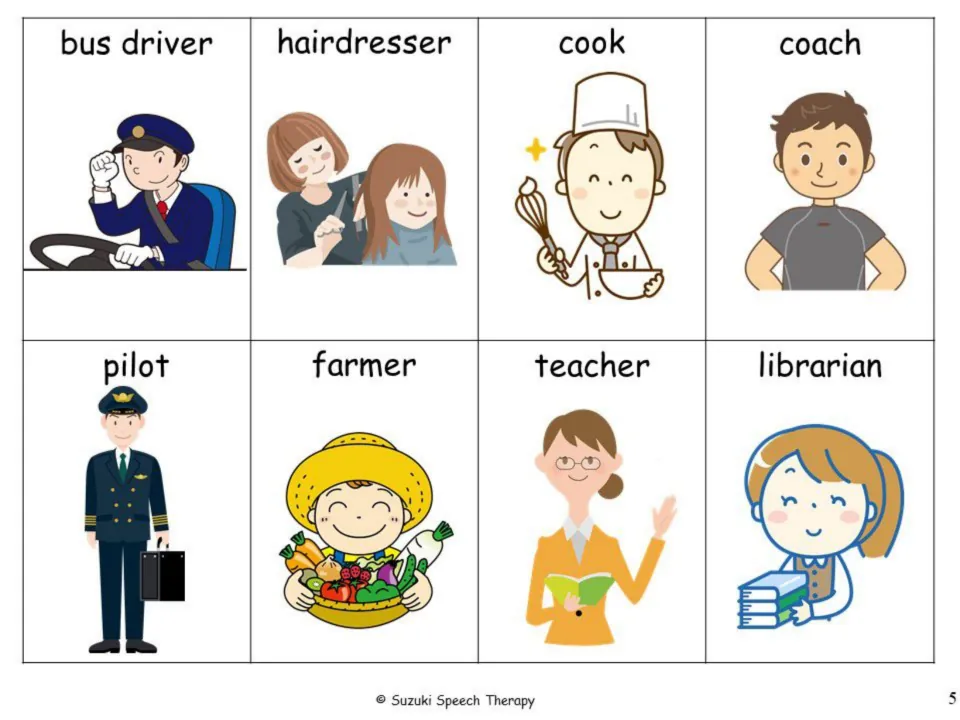 Picture cards naming bus driver, hairdresser, cook, coach, pilot, farmer, teacher and librarian with matching drawings