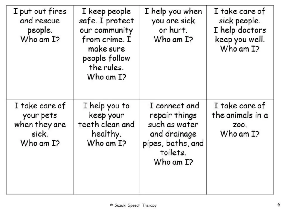 Who am I? riddle cards describing jobs, such as 'I put out fires and rescue people,' for students to name the helper