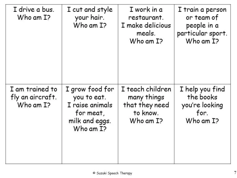 Job description riddle cards: 'I drive a bus,' 'I cut and style your hair,' 'I grow food for you to eat' and more