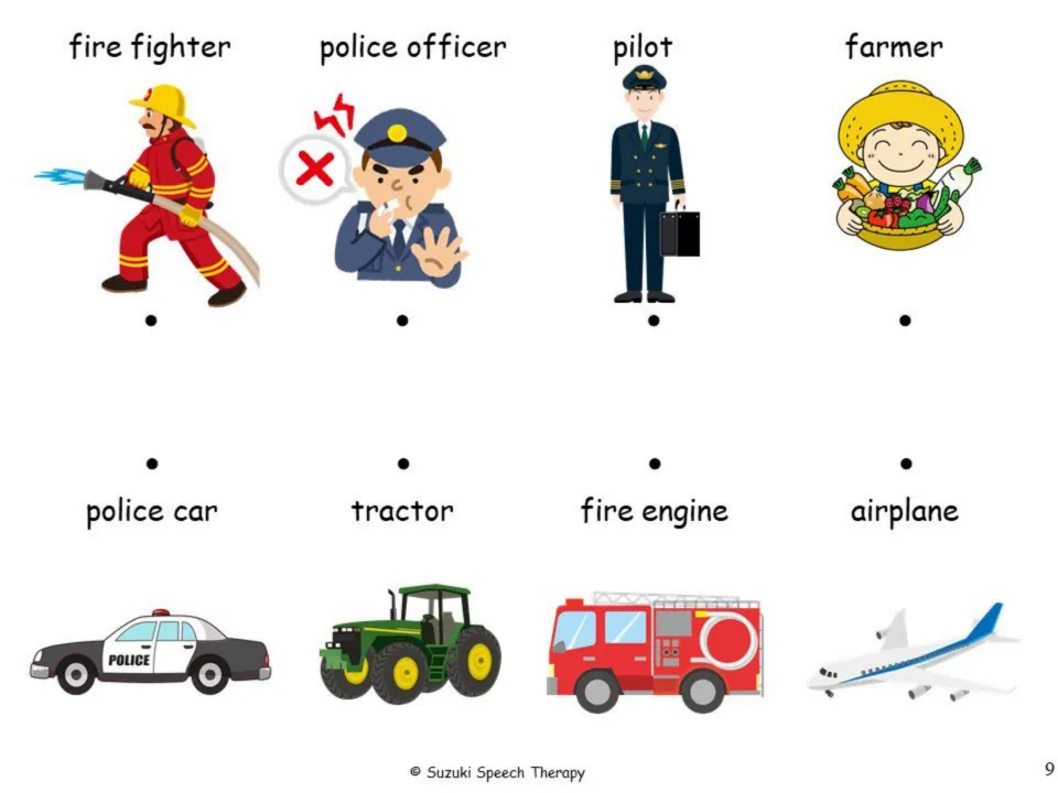 Vehicle matching: students draw lines linking firefighter, police officer, pilot and farmer to the vehicle each one drives