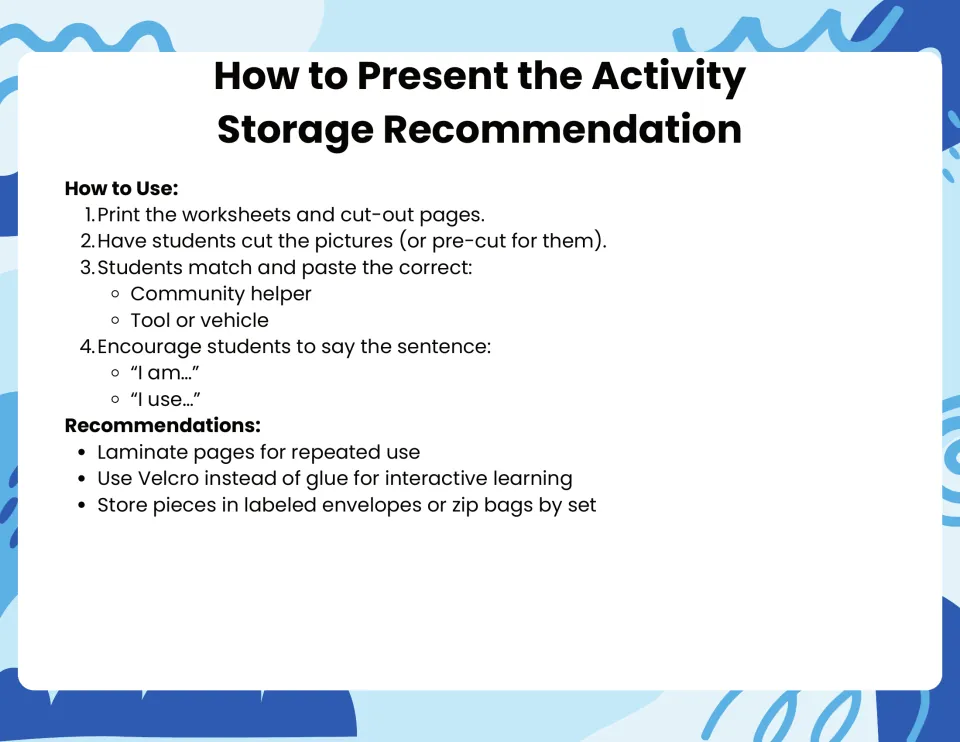 How to present the activity: four steps for cutting, matching and pasting helper and tool pictures, plus storage tips