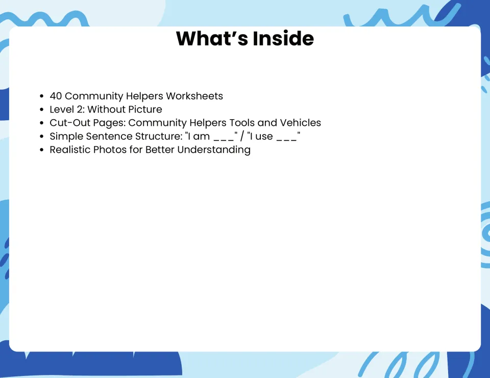 What's Inside list: 40 helper worksheets, cut-out pages of tools and vehicles, and sentence frames I am ___ / I use ___