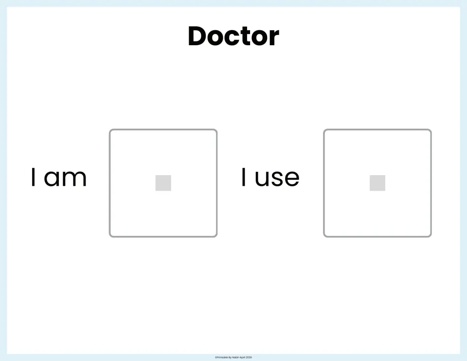 Doctor matching page: students paste the doctor picture for I am and a doctor's tool for I use, then say the sentence