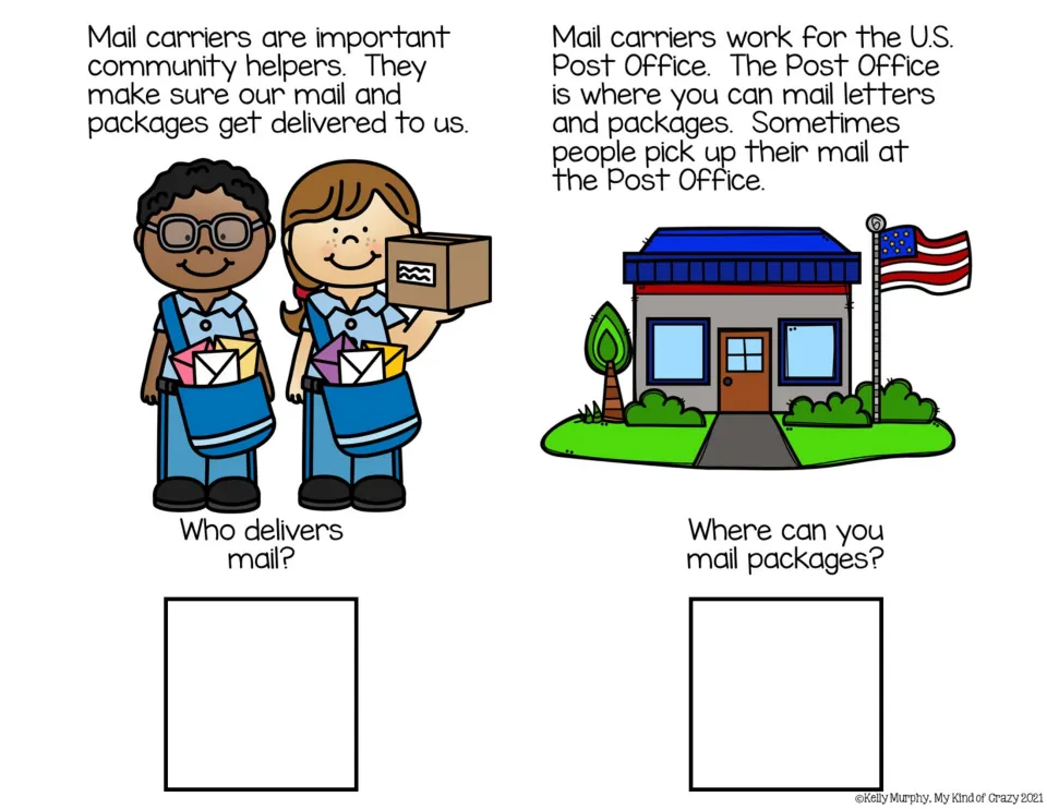 Reading pages 1–2 introduce mail carriers and the post office, asking who delivers mail and where to mail packages.