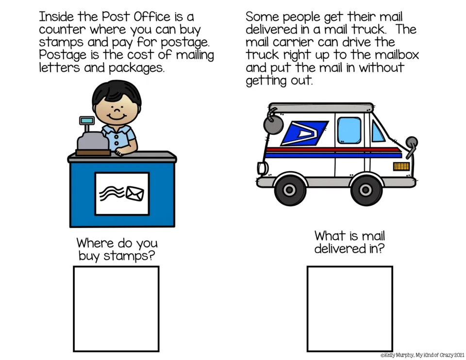 Reading pages 3–4 explain buying stamps, paying postage, and mail truck delivery, with two comprehension questions.