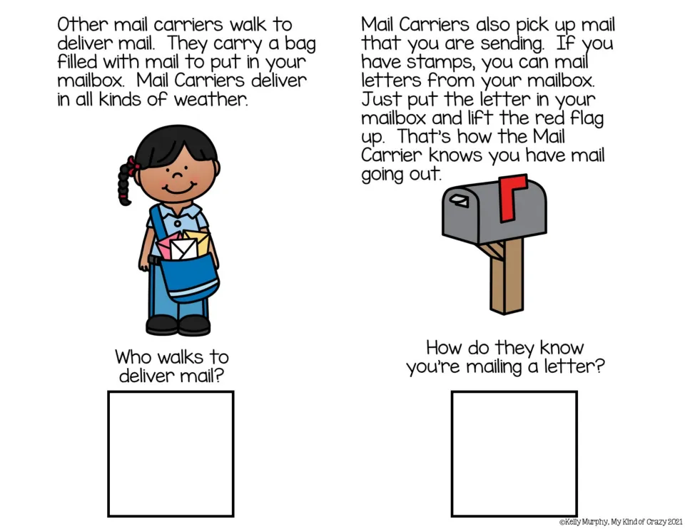 Reading pages 5–6 explain walking mail routes and raising a mailbox flag for outgoing mail, with questions.