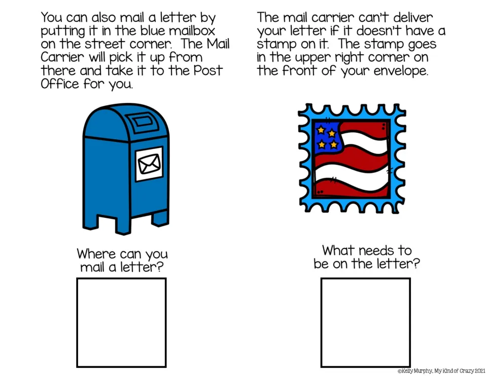Reading pages 7–8 explain mailing letters in a blue mailbox and placing stamps, with comprehension questions.