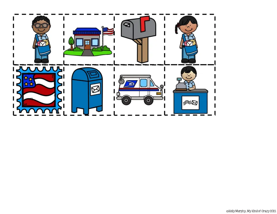 Eight cut-and-paste answer pictures for the book: two carriers, post office, two mailboxes, stamp, truck, and clerk.