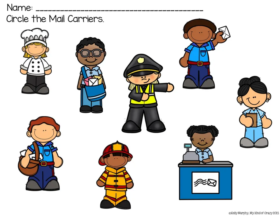 Mail carrier identification worksheet asks students to circle mail carriers among eight community helper pictures.