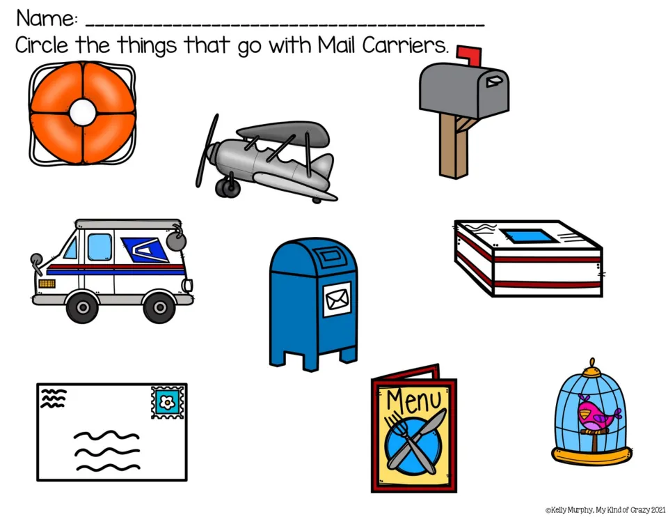 Mail-related item worksheet asks students to circle things that go with mail carriers among eight pictures.