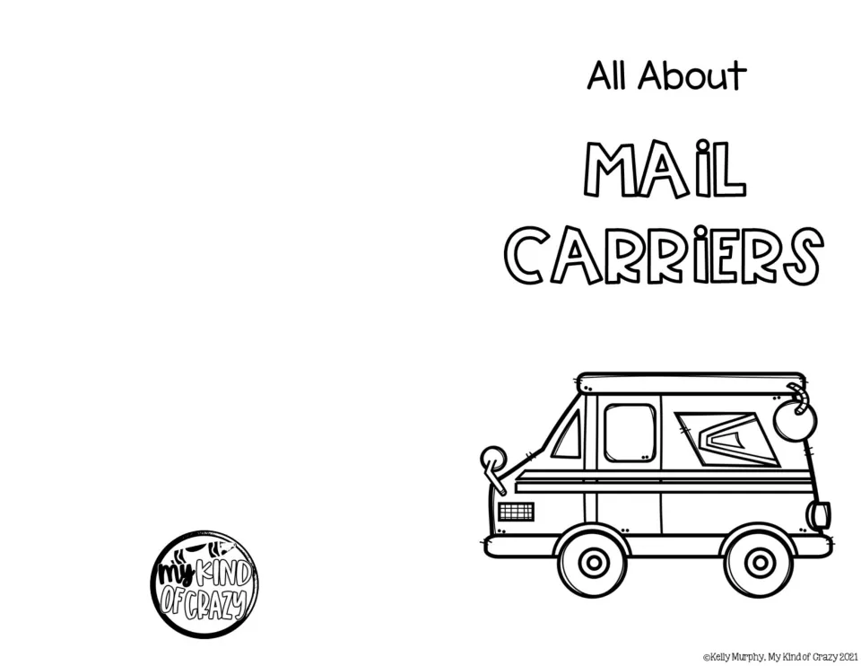 Black-and-white cover for the mail carrier adapted book, with outlined title lettering and a mail truck.