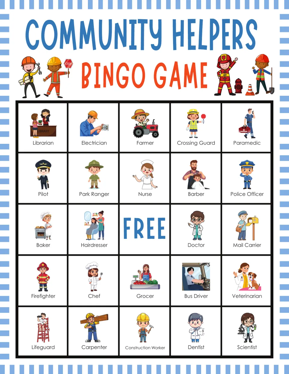Community Helpers Bingo card: students mark 24 pictured jobs, opening with Librarian, Electrician, Farmer and Paramedic