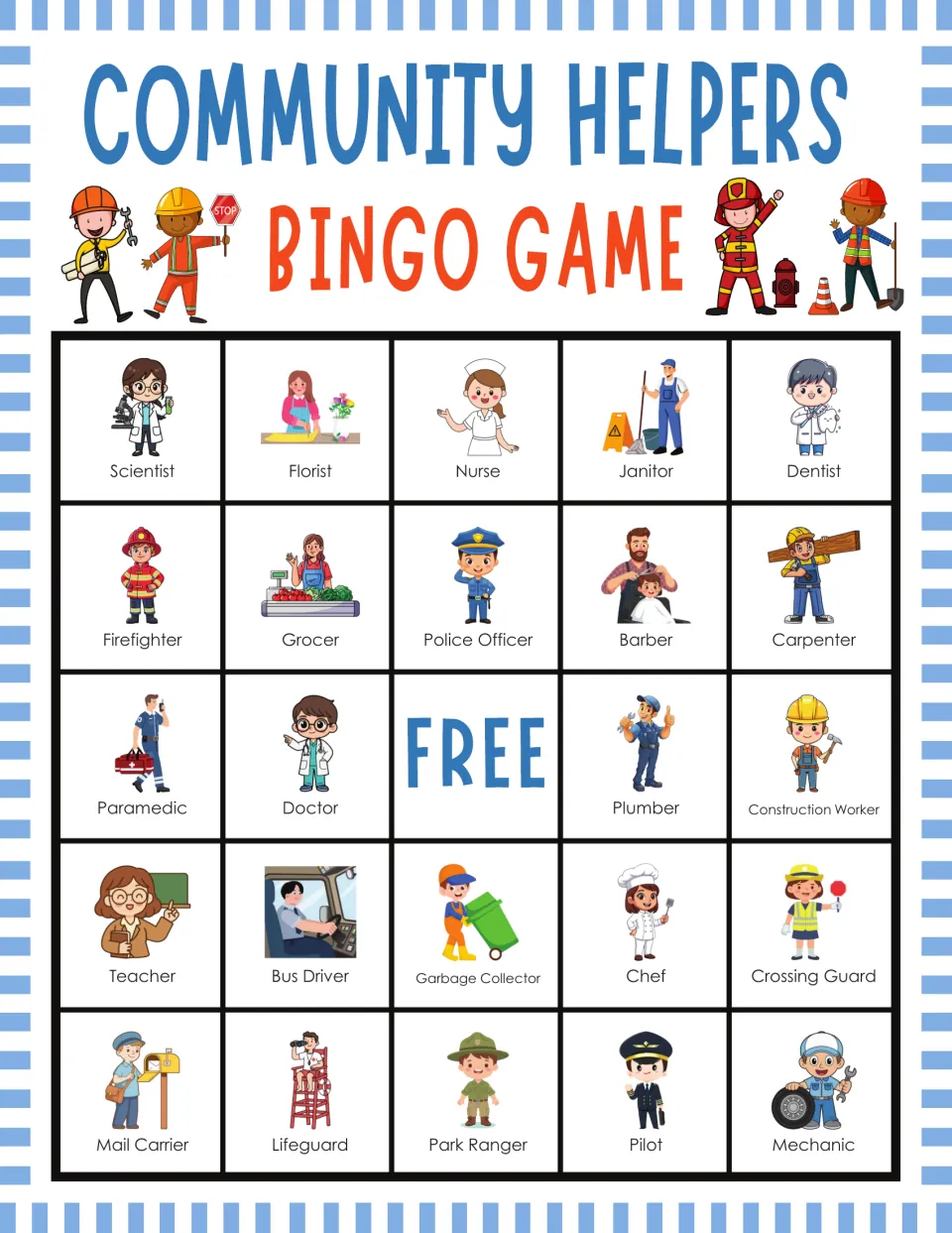 Occupation bingo card with job pictures to mark as called, starting Scientist, Florist, Nurse, Janitor and Dentist