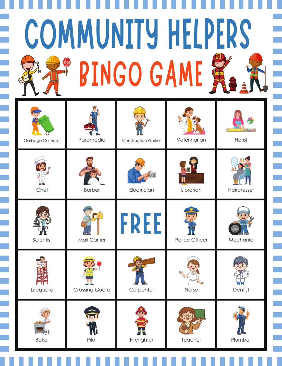 Community helpers bingo card: students find called jobs like Garbage Collector, Paramedic, Veterinarian, Florist