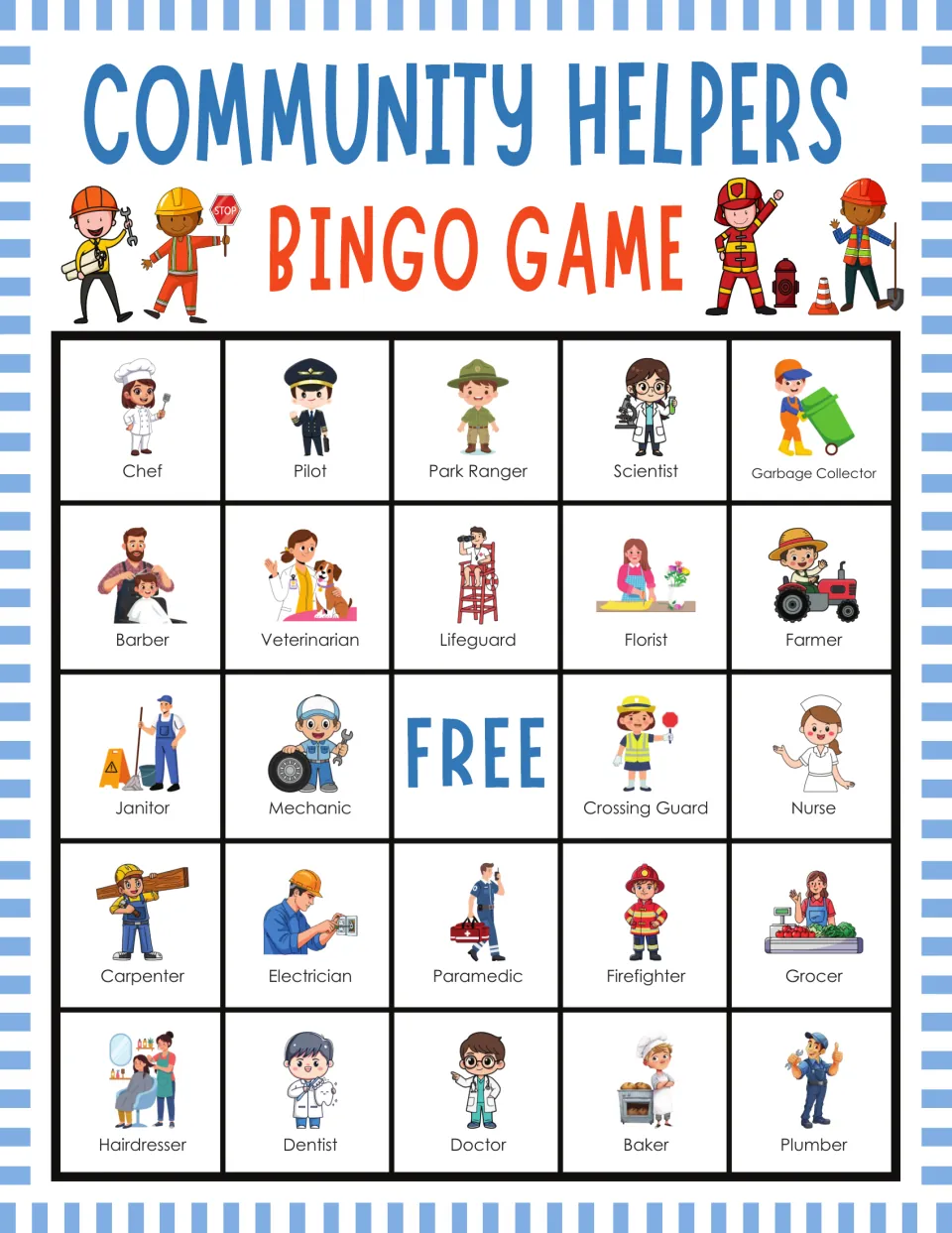 Jobs bingo card: children cover each pictured helper called, beginning with Chef, Pilot, Park Ranger and Scientist