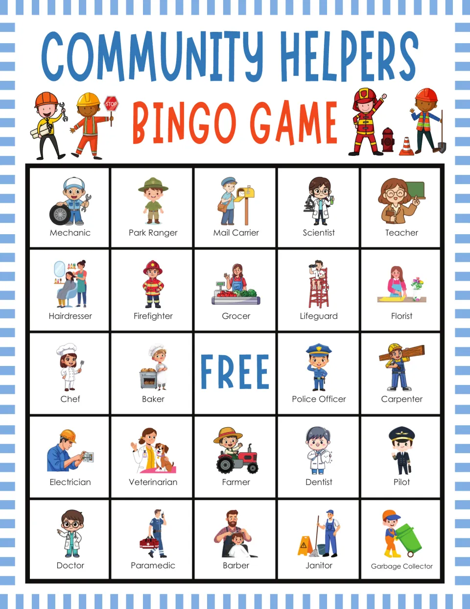 Community helpers bingo card for matching job names to pictures, led by Mechanic, Park Ranger, Mail Carrier, Teacher