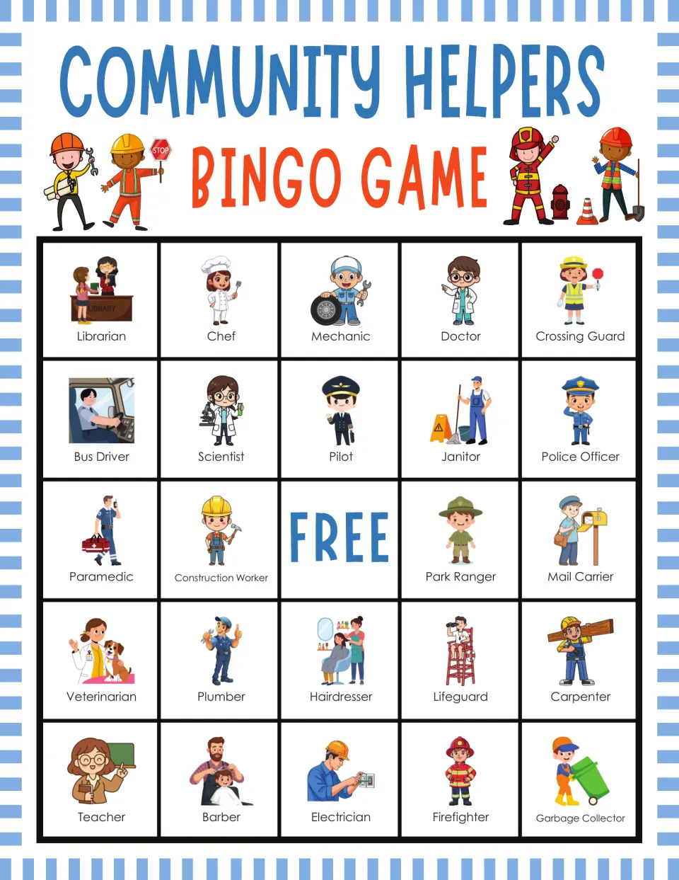 Career bingo card: students listen for helper names and mark them, with Librarian, Chef, Mechanic, Doctor
