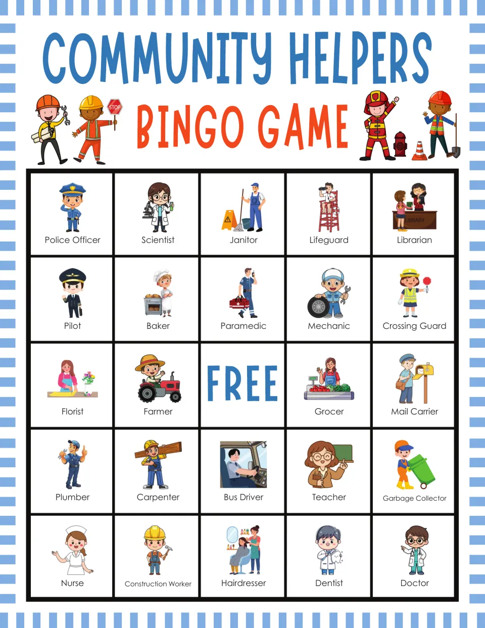 Occupations bingo card with pictured jobs to cover, opening with Police Officer, Scientist, Janitor and Lifeguard