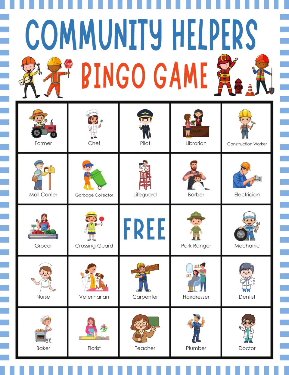 Community worker bingo card: kids spot each called job, first row Farmer, Chef, Pilot, Librarian, Construction Worker