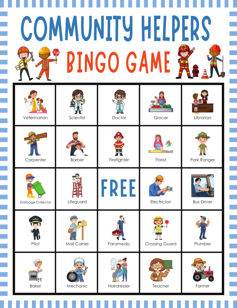 Helpers bingo card for identifying workers by picture, starting Veterinarian, Scientist, Doctor, Grocer, Librarian
