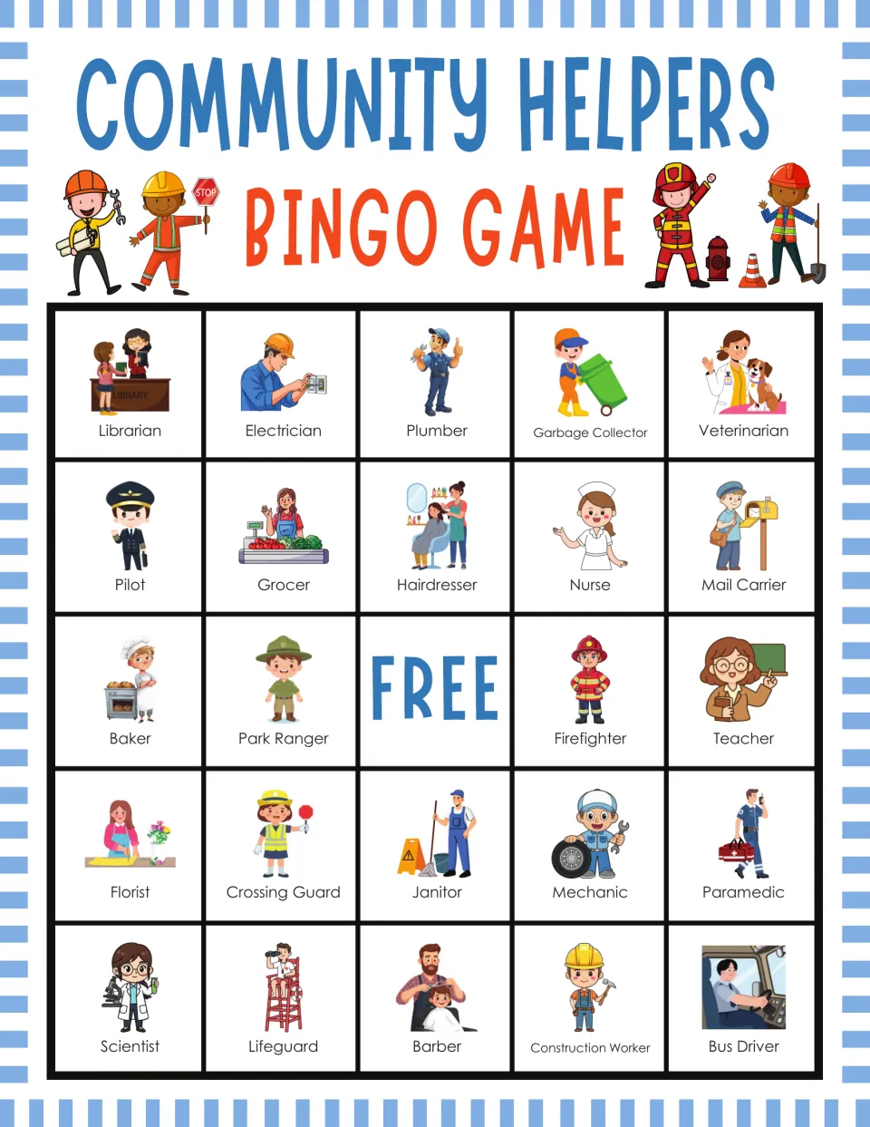 Jobs in the community bingo card: mark helpers as called, including Librarian, Electrician, Plumber, Veterinarian