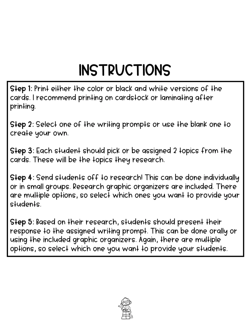 Five-step instructions for printing helper cards, selecting a prompt, researching two helpers, and responding