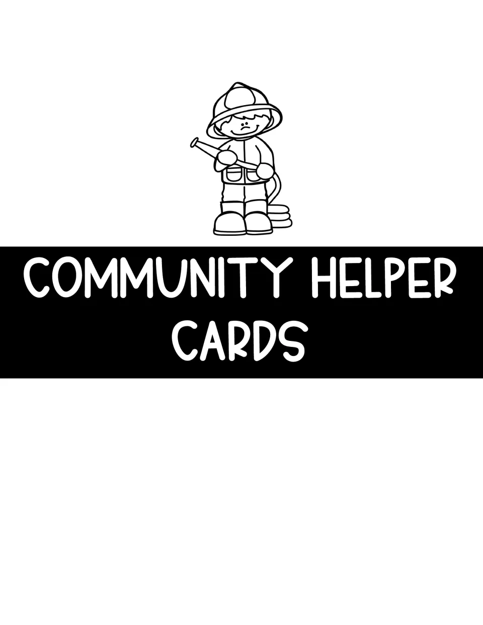 Section divider titled 'Community Helper Cards' introducing the occupation cards used as research topics
