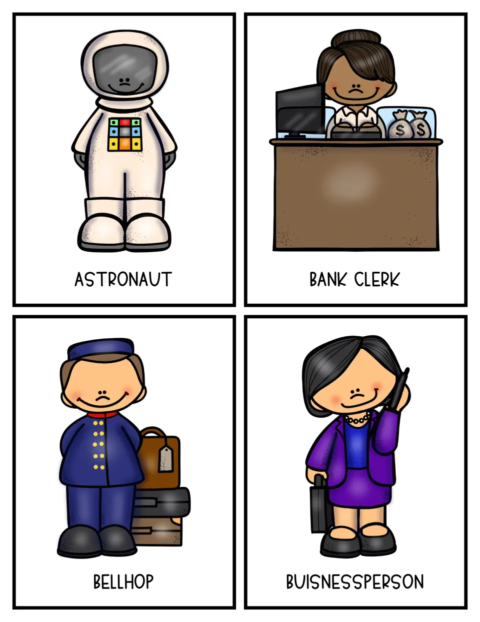 Community helper color cards 1–4 for research: astronaut, bank clerk, bellhop, and businessperson