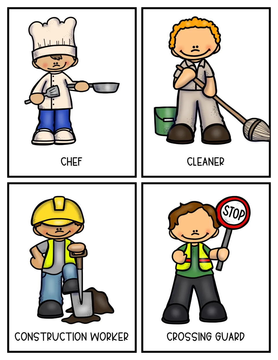 Community helper color cards 5–8 for research: chef, cleaner, construction worker, and crossing guard