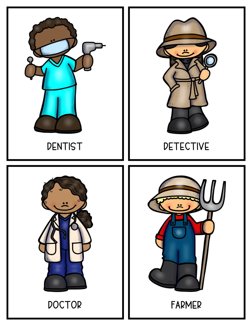 Community helper color cards 9–12 for research: dentist, detective, doctor, and farmer
