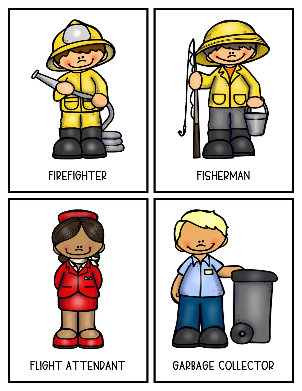 Community helper color cards 13–16: firefighter, fisherman, flight attendant, and garbage collector