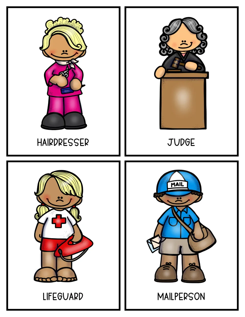 Community helper color cards 17–20 for research: hairdresser, judge, lifeguard, and mailperson