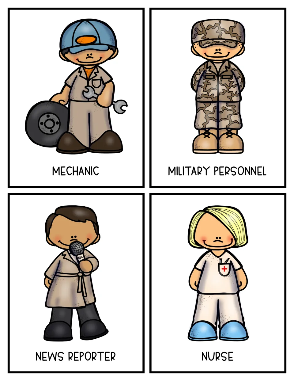 Community helper color cards 21–24 for research: mechanic, military personnel, news reporter, and nurse